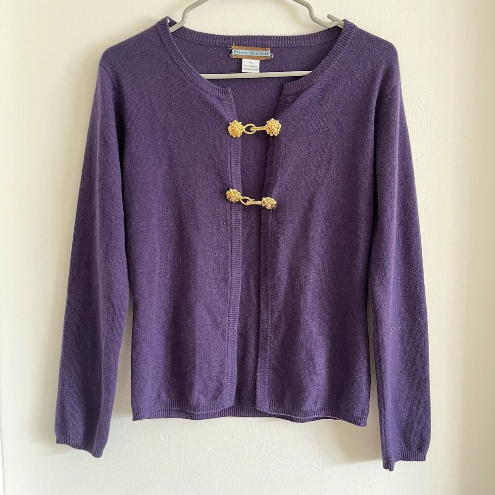Prairie New York 100% Cashmere Purple Crewneck Cardigan Sweater Sz M Gold Button